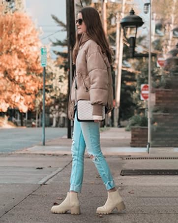 Womens Chelsea Boots Fashion Suede Lug Sole Chunky Heel Slip on Platform Beige Ankle Booties